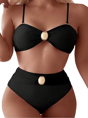 Fanuerg Womens High Waisted Bikini Sets Ruched Two Piece Swimsuit Removable Spaghetti Straps Bathing Suit