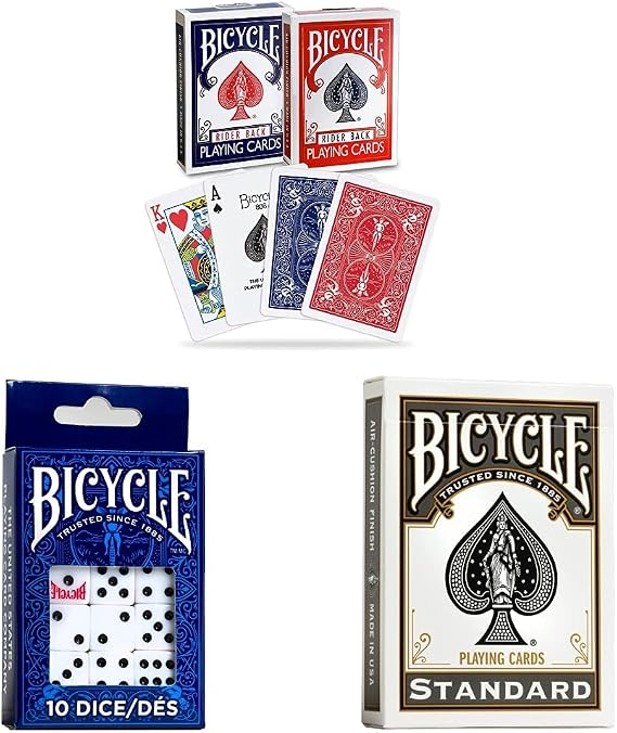 Bicycle Game Basics Bundle - Red, Blue & Black Standard Playing Cards and Dice Pack