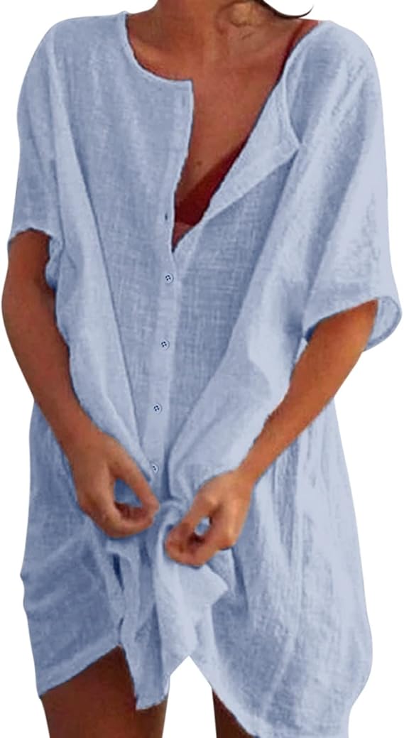 Women Beach Cover Up Cotton Swimsuit Coverup Summer Long Beachwear Beach Dress With Buttons Shirt Dresses Bikinis Sarong Loose Blouse Casual Short Sleeve Swimming Dresses