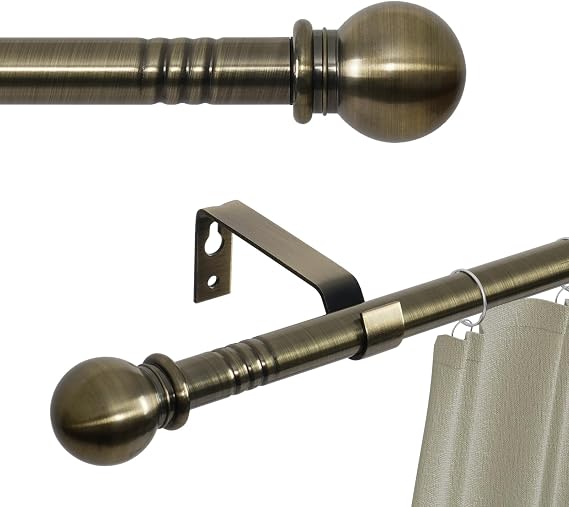 Antique Brass Curtain Rods for Windows 28 to 48 inch, 5/8 inch Small Curtain Rod Set with Brackets, Heavy Duty Drapery Rod for Bedroom, Living Room, Brushed Brass