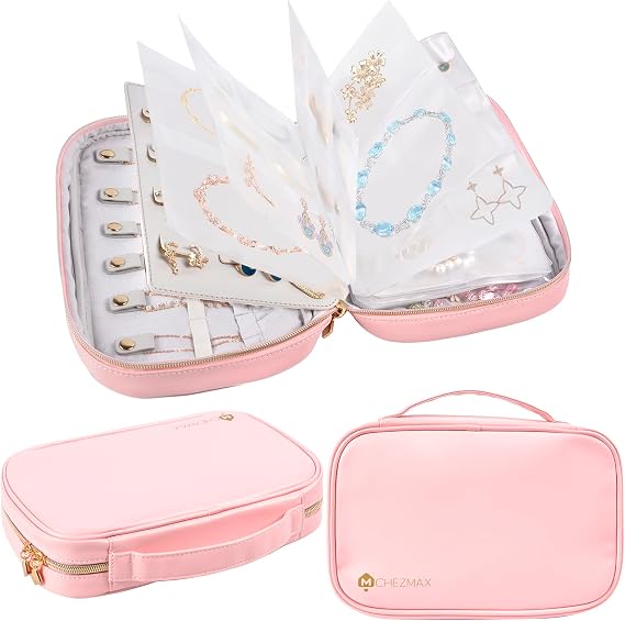Jewelry Travel Organizer Case, Leather Jewelry Bag Pouch for Necklace Bracelet Ring, Clear Earring Storage Book, Transparent Booklet with PVC Pocket for Women, Portable Jewelry Accessories Box