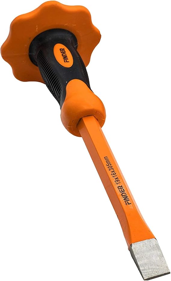 Finder 12-Inch Heavy Duty Flat Chisel with Hand Protection, Flat Head, Demolishing/Masonry/Carving/Concrete Breaker Chisels with Bi-Material Hand Guard