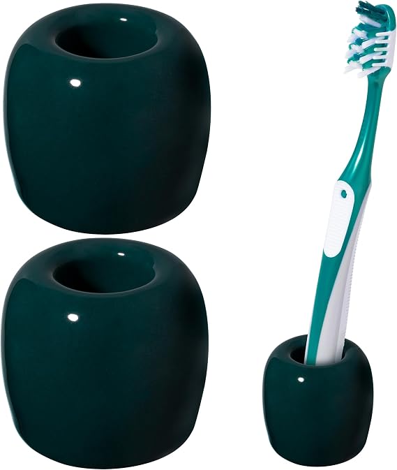Urbanstrive Ceramic Toothbrush Holders for Bathrooms, Sleek Tooth Brush Holder Toothbrush Stand Tooth Brushing Holder, Portable Bathroom Accessories Organizer, Dark Green, 2 Pack