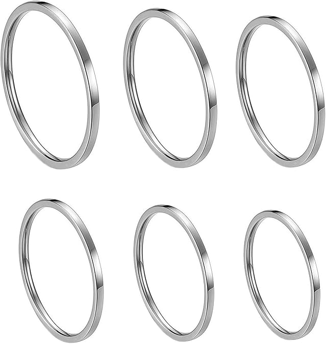 Women's 6 Pieces Stainless Steel 1MM Thin Midi Stacking Rings Plain Band Comfort Fit Size 4 to 9