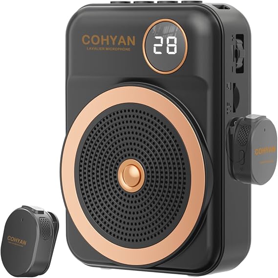 Voice Amplifier for Teachers with Wireless Lavalier Lapel Microphone Portable Bluetooth Microphone & Speaker, Rechargeable Bullhorn Megaphone for Classroom, Meetings, Yoga (Black)