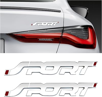 NYTKL 2 PCS Metal Car Sport Sticker, 3D Raised Car Fender Badge Front & Rear Tailgate Emblem with Sport Logo, Strong Adhesive Letters Decals for Front Hood Grill Rear Trunk White