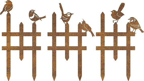 3 Pcs Small Garden Fence with 6 Piece Bird Decoration, Rustic Garden Decor