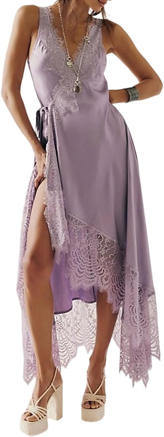 Womens Slip Lace Long Maxi Wrap Dress Y2k Aesthetic Summer Flowy Swing Going Out Boho Ruffle Hem Streetwear Dresses
