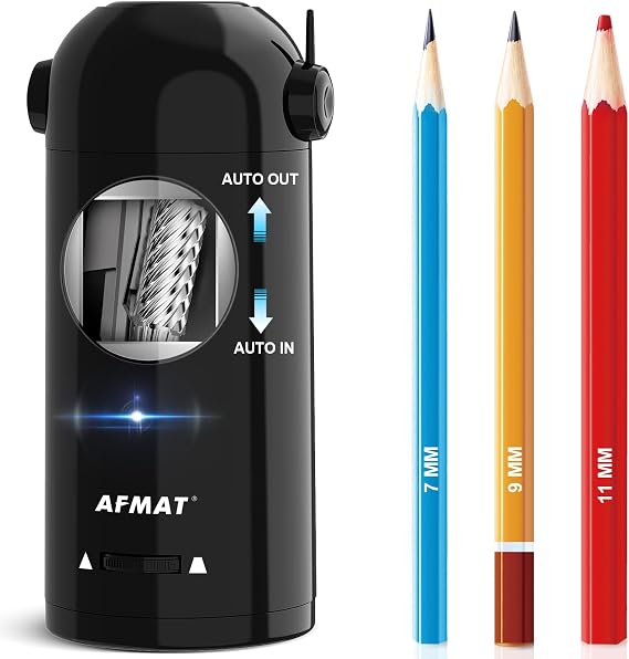 AFMAT Electric Pencil Sharpener, Fully Automatic Pencil Sharpener for Classroom, Robot Sharpeners for 7-11.5mm No.2/Jumbo/Colored Pencils, Auto in & Out, Rechargeable & Cordess, Hands-Free, PSX5,Black