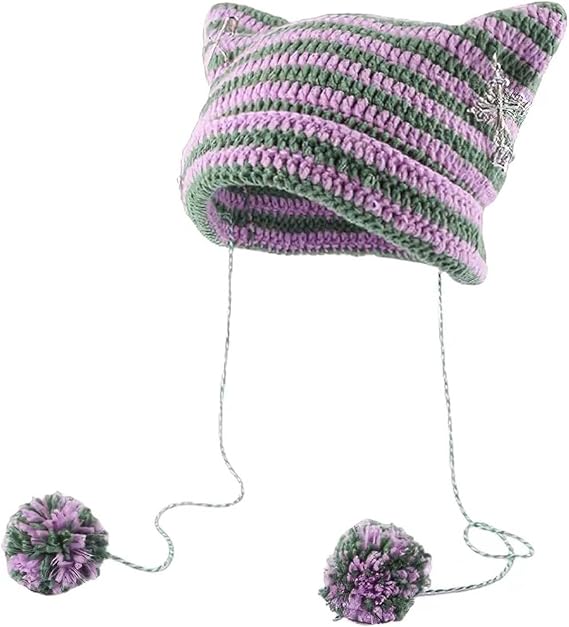 Y2k Beanies Crochet Knitted Cat Hats Goth Cross Devil Hat Striped Alt Emo Accessories Grunge Y2k Aesthetic Clothes