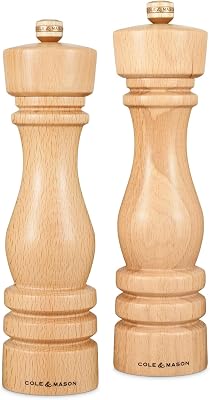 Cole & Mason H233011 London Natural Beech Salt and Pepper Mill Set, 220mm, Precision CarbonCeramic Mechanisms, Salt and Pepper Grinders with Adjustable Grind, Beech Wood, Gift Set