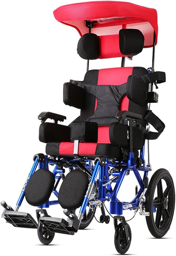 JITEM Mobile Cerebral Palsy Wheelchair for Kids Lightweight Driving Medical Full Lying Ergonomic Child Wheelchair Folding Manual Wheelchair W/Desk Tray & Canopy Awning, 36cm Driving Trolley