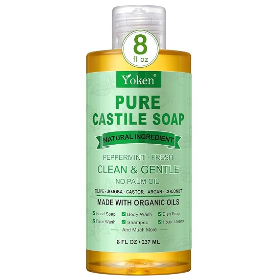 Yoken EWG Peppermint Castile Soap Liquid 8oz, Travel Size with Organic Oils