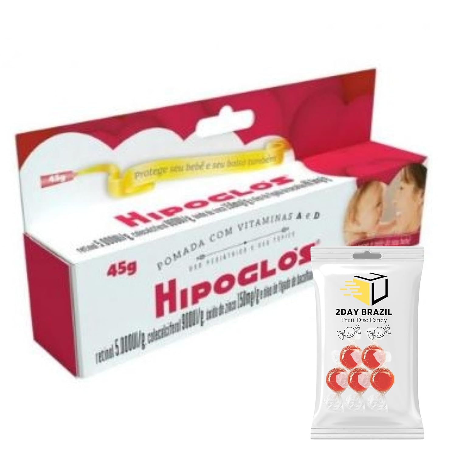 Hipoglos 1.58 Oz 45g Baby Diaper Rash Cream and Dry Skin Protectant Bundle With 2DAY BRAZIL Fruit Disc Candy