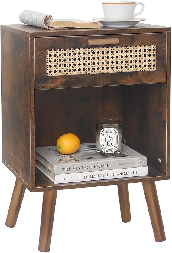 MaxSmeo Rattan Night Stand, Mid Century Modern Nightstand with Rattan Drawer and Bottom Shelf, Wood Bedside Table with Solid Wood Legs for Bedroom, and Small Spaces (Rustic Brown)