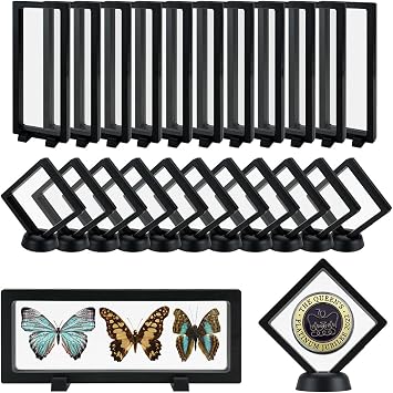 3D Floating Display Case, Transparent Film Jewely Storage Box, Black Challenge Coin Display Holder Stand for Antique Challenge Coins Medals Jewelry Shells Gems Minerals Rocks Specimen Pins (24Pcs)