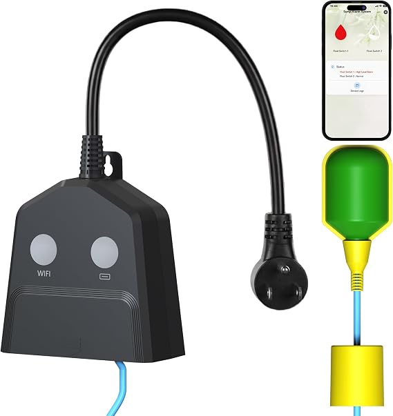 WiFi Sump Pump Alarm, Smart High/Low WaterAlarm, Outlet Cutoff