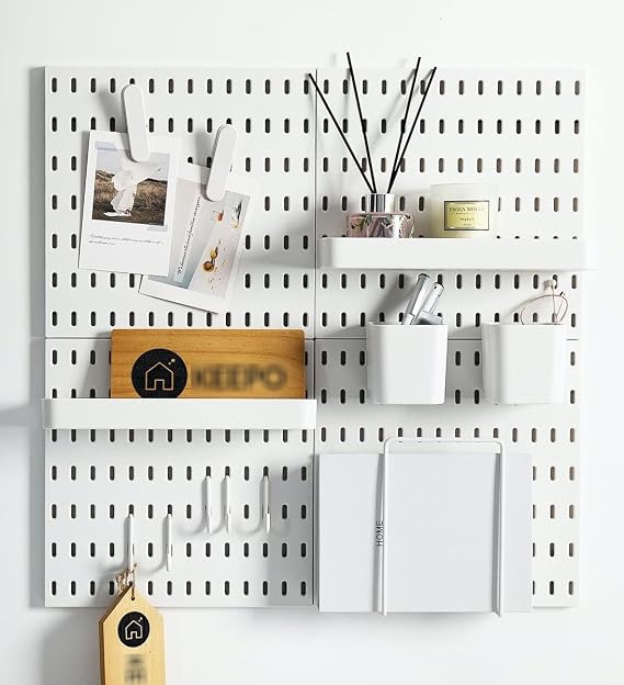 White Pegboard Combination Kit for Office Kitchen,No Drilling Wall Display Board Plastic Organizer Panel With Accessories,4 Panels of 28x28cm
