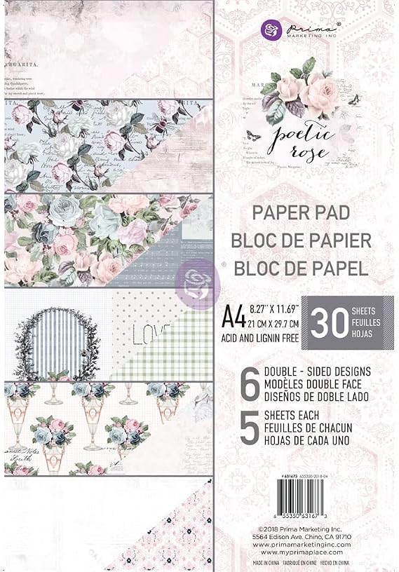 Prima Marketing Poetic Rose Collection A4 Paper Pad - 30 Double-Sided Sheets, Floral Scrapbook Paper