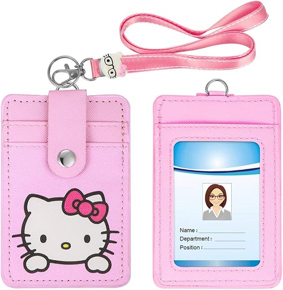 2025 Latest Woosifun ID Badge Holder Cute Credit Card Case Neck Pouch Lanyard with Cartoon Shield Keychain for Students Teens Boys Girls Staff Women (Pink Cat)