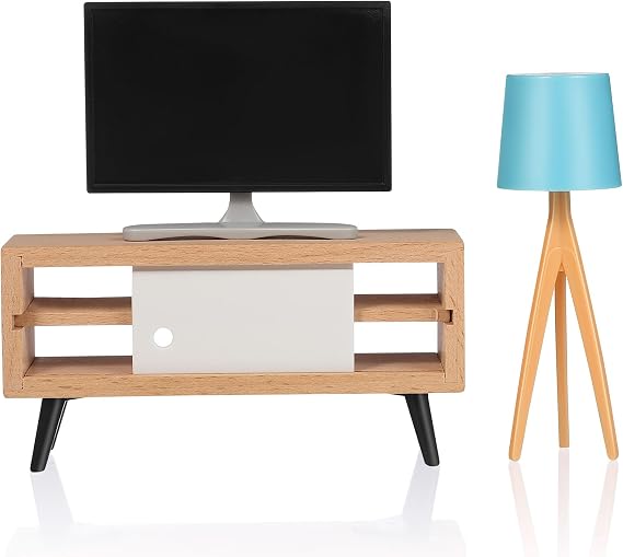 Toddmomy 1 Set Dollhouse Furniture: 3 Pieces Doll Furniture Living Room 1/12 Miniature TV with Cabinet Table Lamp Mini Doll Furniture Decoration for Dollhouse