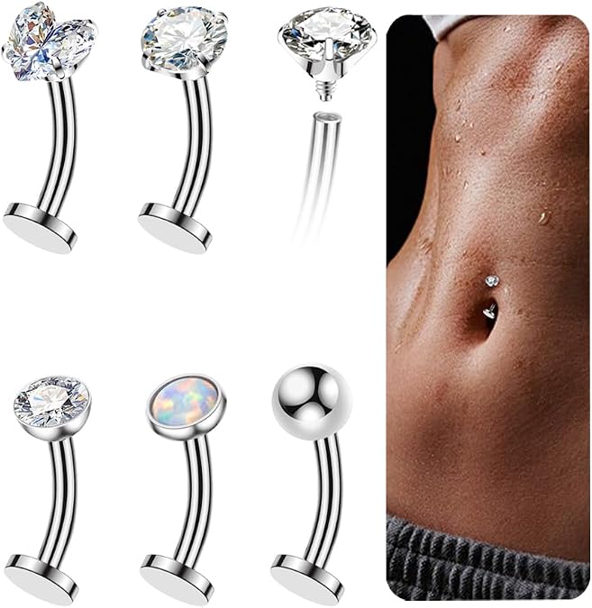 BSJ4U 5 Pcs Titanium Floating Belly Button Rings 14G Hypoallergenic Belly Rings for Women 8mm/10mm/12mm/14mm Internally Threaded Flat Navel Belly Piercing Jewelry