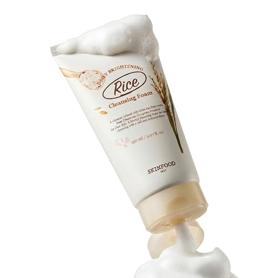 SKINFOOD Rice Daily Cleansing Foam 150ml - Delicate, Fine, and Smooth Brightening Cleansing with Fermented White Rice Ingredients - Firming Bubble Facial Foam Cleanser - For Men and Women (5.07 fl. oz.)