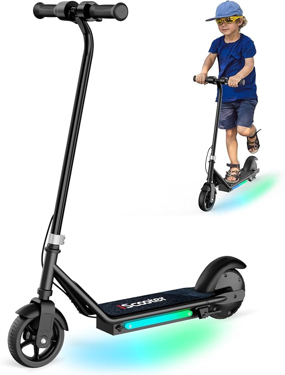 Kids Electric Scooter, 150W Motor, 3/6/10MPH Electric Scooter for Kids Ages 6-12, Double Brake, Magnetic Charging, Pedal Light for Boys/Girls (Black)
