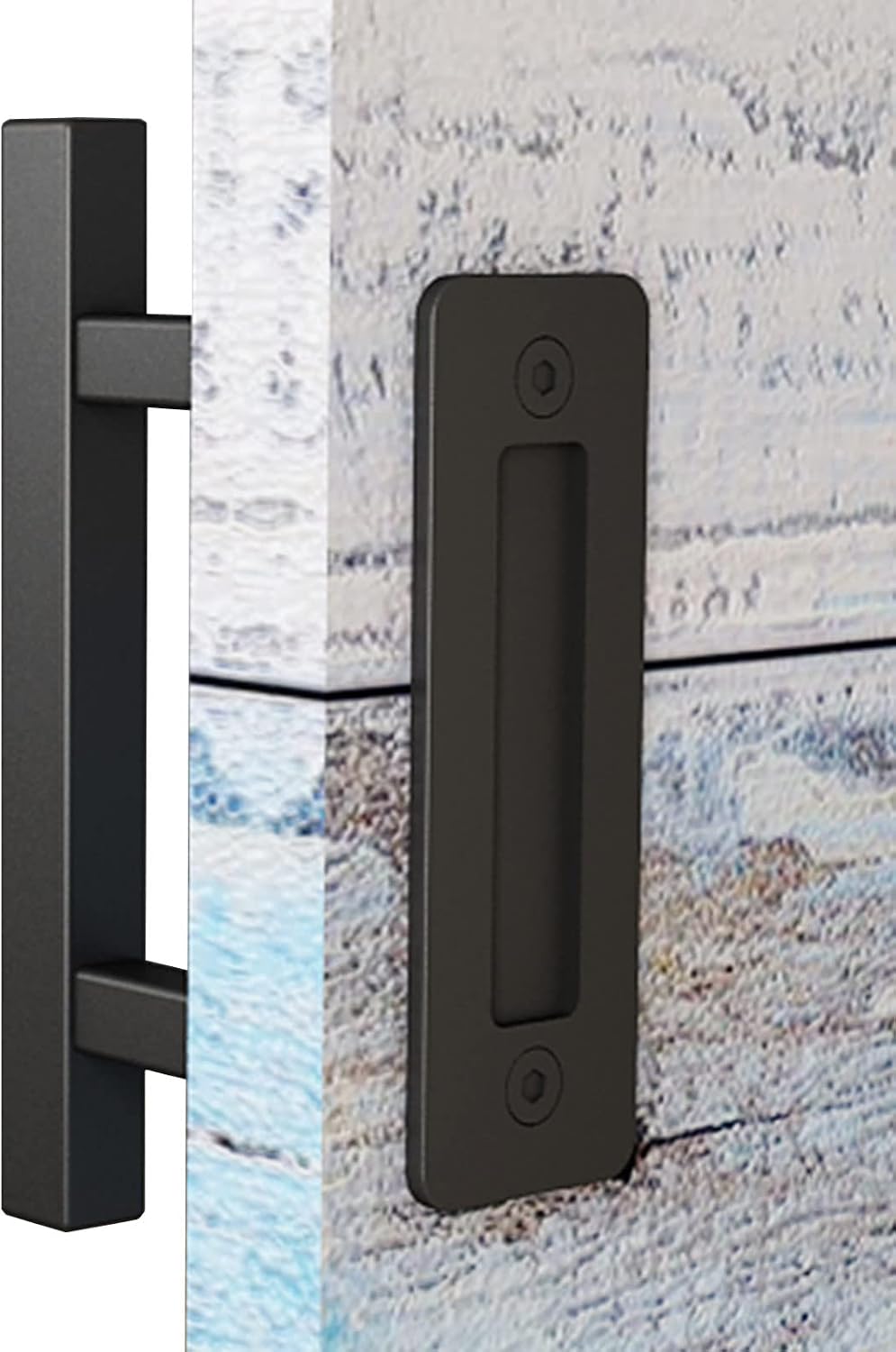 EaseLife 10" Sliding Barn Door Pull Handle with Flush Hardware Set, Double Sided, Heavy Duty, Square, Matte Black Powder Coated Finish, Easy Install