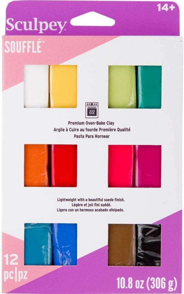 Polyform Sculpey Soufflé Polymer Oven-Bake Clay, 12 color sets, Non-Toxic, 12oz., Great for jewelry making, vacation, DIY, mixed technique and more! Premium lightweight oven baked clay.