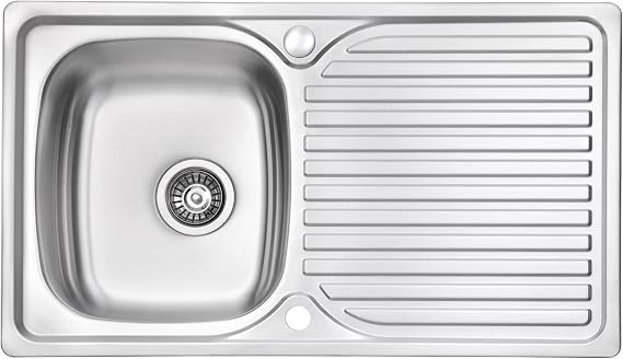 JASSFERRY Stainless Steel Kitchen Sink Single 1 Bowl Inset Reversible Drainer with Waste Pipes Clips, 860 x 500 mm