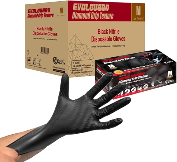 Safe Health Nitrile Industrial Disposable Gloves, Black 6 Mil, Orange 8 Mil, Diamond Textured
