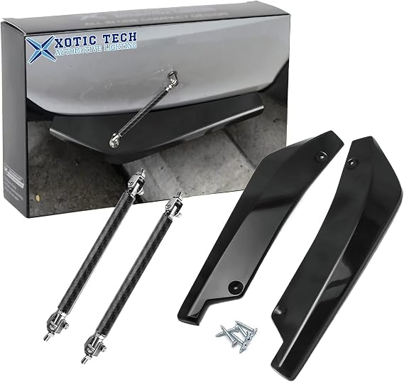 x xotic tech JDM Universal Rear Bumper Canard Diffuser Splitter Valence Spoiler Fin Lip Trim, Glossy Black with Adjustable 6"-9" Support Rod -Black Carbon