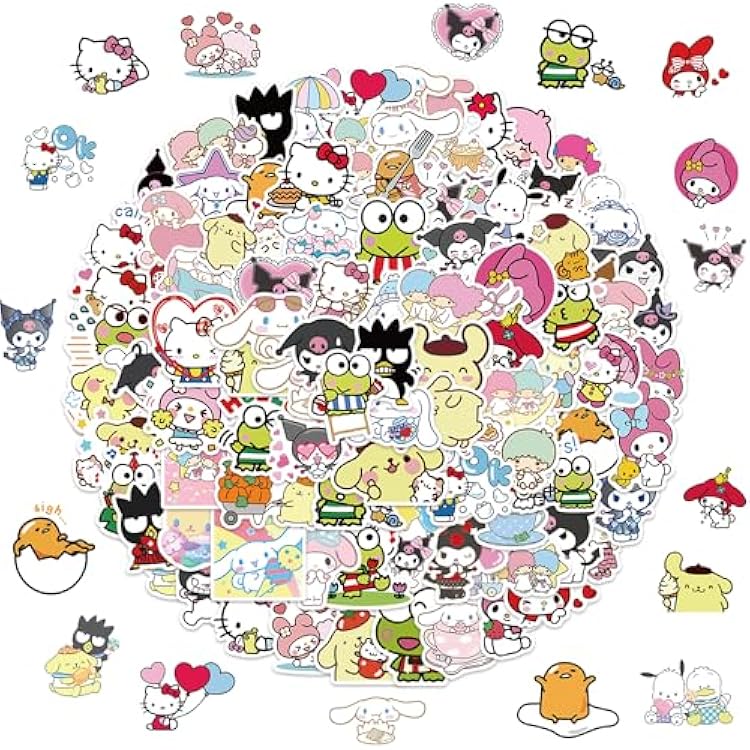 100pcs Sanrio Cartoon Stickers for Kids, Kawaii Hello Kitty Melody Kuromi Gift for Teen Girl Laptop Travel Case Phone Bike Water Bottle Guitar Computer Skateboard