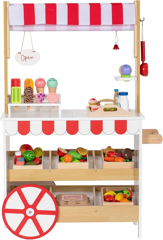Ice Cream Cart Playset, Wooden Grocery Store with Display Shelf | 2 in 1 Food Cart with Large Wheels, Toddlers Pretend Play Food Truck, Kids Ice Cream Stand, Gift for Boys Girls Age 3+