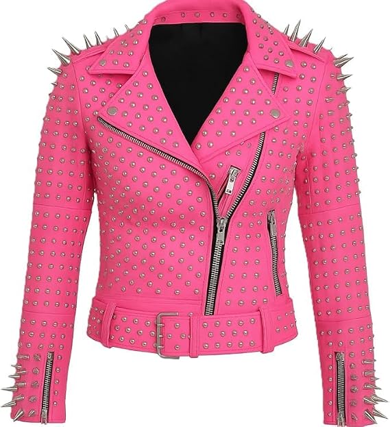 Women's Brando Pink Spiked and Studded Leather Jacket - Punk Rockstar Gothic Fashion Moto Biker Jacket (US, Alpha, X-Small, Regular, Regular, Pink)