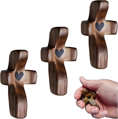 Atlodas Cross My Heart, Encouragement Gift, Relieve Anxiety Comfort for Clutching, Clinging and Praying, Wooden Cross Fidget, Pocket Olive Wood Crosses Religious Gift for Children and Adults 3 Pcs