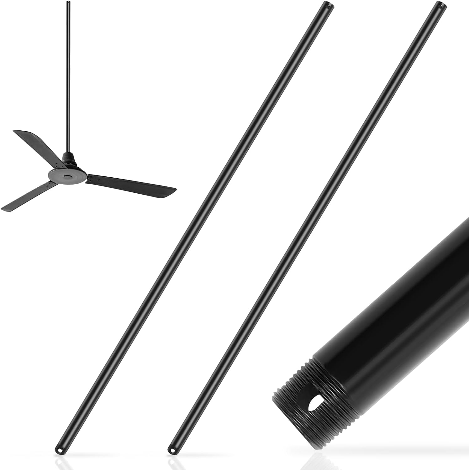 2 Pack 48 Inch Compatible with Hunter Fan Company, 25148 Ceiling Fan Downrod Extension Rod, Specialty Black Ceiling Drop Bar, Metal Durable Threaded