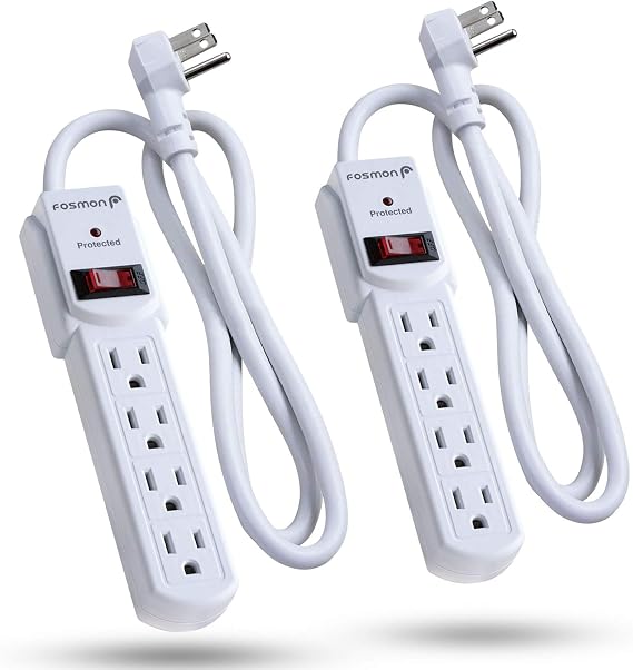 Fosmon Surge Protector Power Strip Flat Plug, 4-Outlet Splitter Extender 1875 Watt 490 Joules, 3FT Extension Cord Wall Mount with 3 Prong - ETL Listed (2 Pack) | Mountable Power Strip ON/OFF Switch, 490 Joules, 15A / 1875W, 3 Prong Flat Plug for Home Office, ETL Listed- 2 Pack