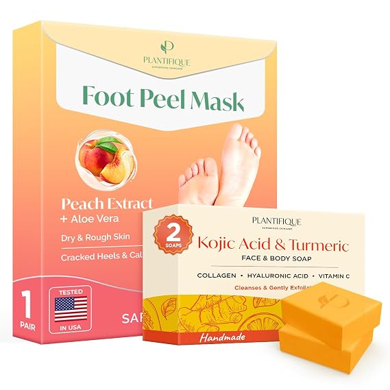 PLANTIFIQUE Foot Peeling Mask 1 Pack and Kojic Acid Soap for Hyperpigmentation 160g