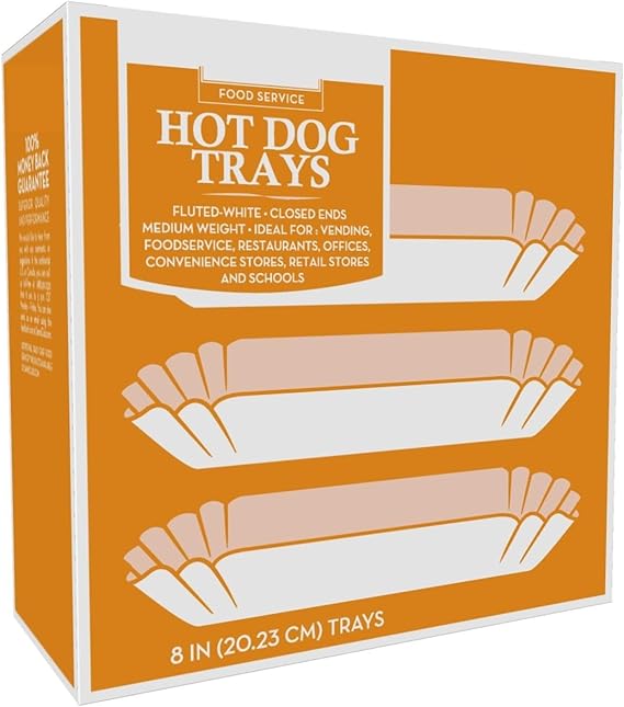 100 Paper Hot Dog Trays | White Hot Dog Wrappers | 8 Inch Hotdog Tray Holders Plates | Disposable Fluted Hotdog Boats | Hotdog Container - Concession Stand Trays - Hot Dog Cart Accessories