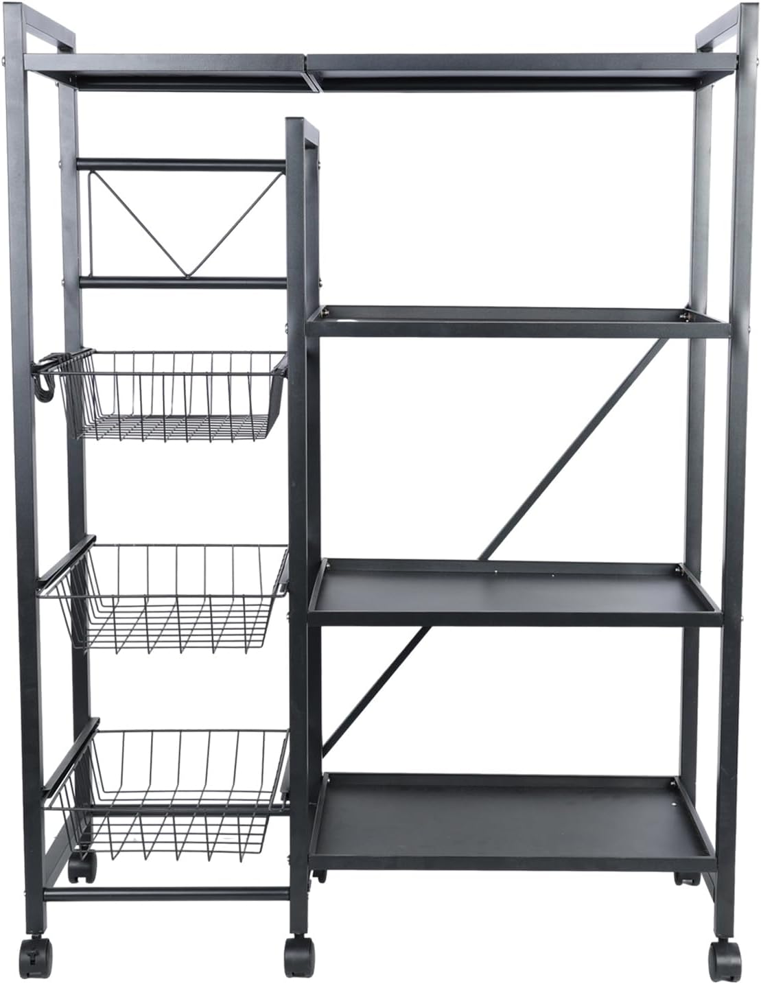 Kitchen Bakers Rack with Wire Baskets and Wheels, 4 Tier Microwave Oven Stand with Hooks, Coffee Bar Station,Free Standing Utility Storage Shelf for Kitchen Dining Room Black 80 cm