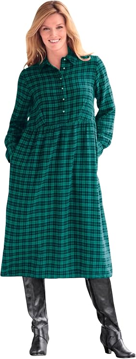 Woman Within Plaid Flannel A-Line Shirtdress