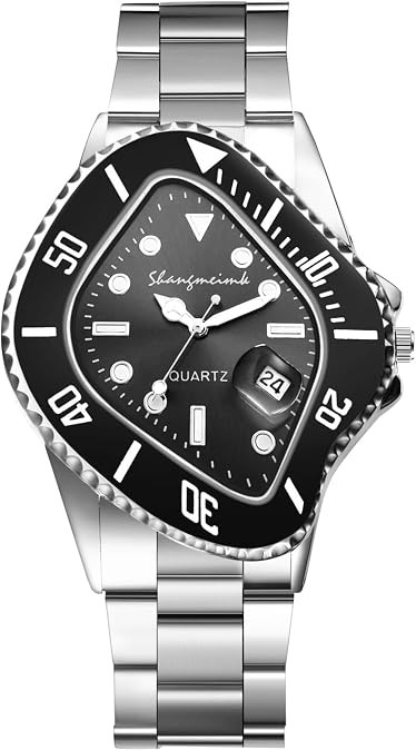 OIDEA Stainless Steel Watches for Men: Fashion Special Shaped Dial Analog Quartz Wrist Watch Waterproof Luminous Magnifying Glass Calendar Business Casual Dress Watch