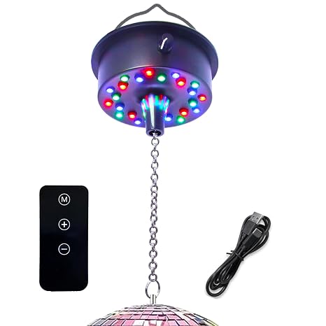 Remote Control Disco Ball Rotating Motor with Chain 5RPM-10RPM Adjustable Speed,Plug/Battery Powered Mirror Ball Motor with 24 LED Beads Suit for 6 8 12 Inch Disco Ball (Not Included)