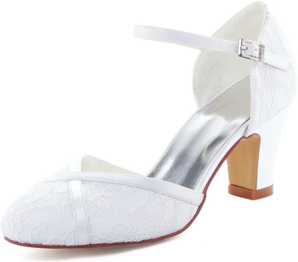 Minishion Womens Almond Toe Chunky Med Heel Lace Bridal Wedding Pumps