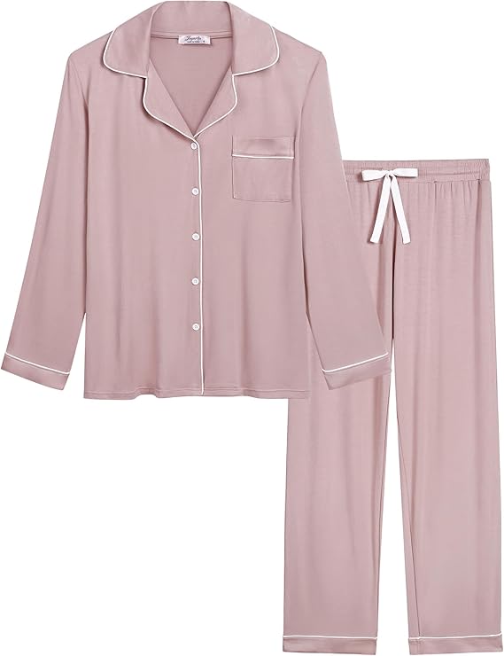 Joyaria Women's Cooling Bamboo Viscose Pajama Set Long Sleeve Button Front | Hot Sleeper Comfort Cooling Relief Lightweight Feel for Sleeping & Lounging