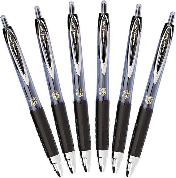 Uni-Ball Signo 207 Retractable Gel Pen, 0.38mm Ultra-Micro Point, Black, Pack of 6