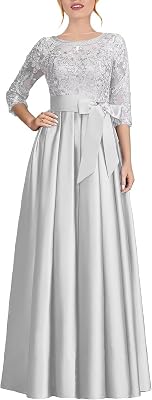 White Mother of The Bride Dresses for Wedding with Sleeves Satin Sequin Lace Formal Dresses Long with Bow Size 2
