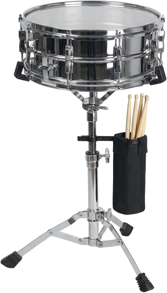 Snare Drum Stand for 10"-14" Drums, Double Braced Heavy Duty Steel with Adjustable Height 17.7"-26.8", with Drum Stick Holder for 10 Pairs, for Snare Drums, Practice Pads and Live Performance